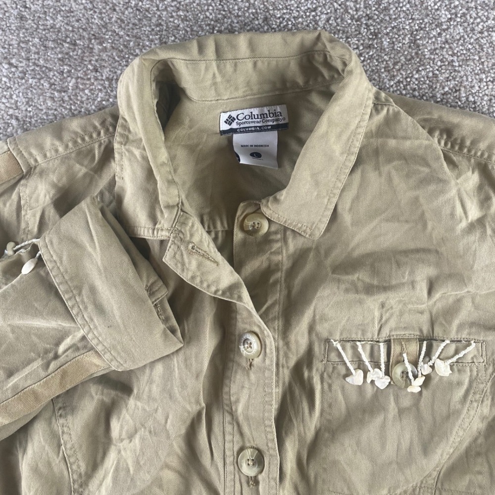 Columbia Sportswear Khaki Cotton Shell Beaded Fringe Utility Shirt Women Large